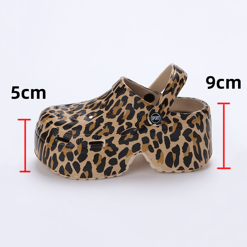 Zuecos de fondo grueso de leopardo para mujer, sandalias de plataforma gruesas con punta cerrada, zapatillas de tacón de cuña súper alto para verano 2023