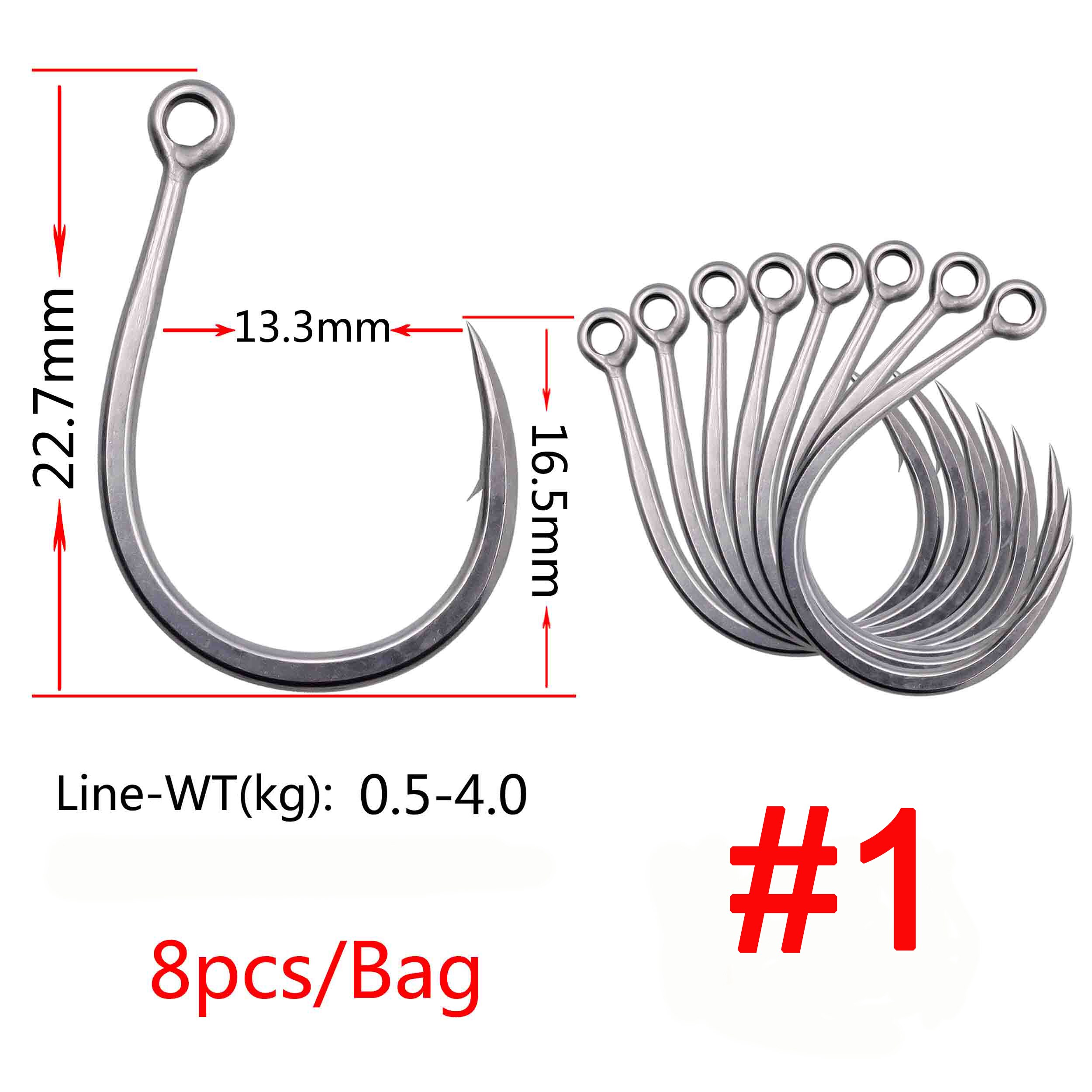 5x #1-#13/0 hameçons simples pour la pêche en mer et la pêche à la traîne, hameçon de pêche au leurre de mer à ardillon solide en acier à haute teneur en carbone: Taille 1