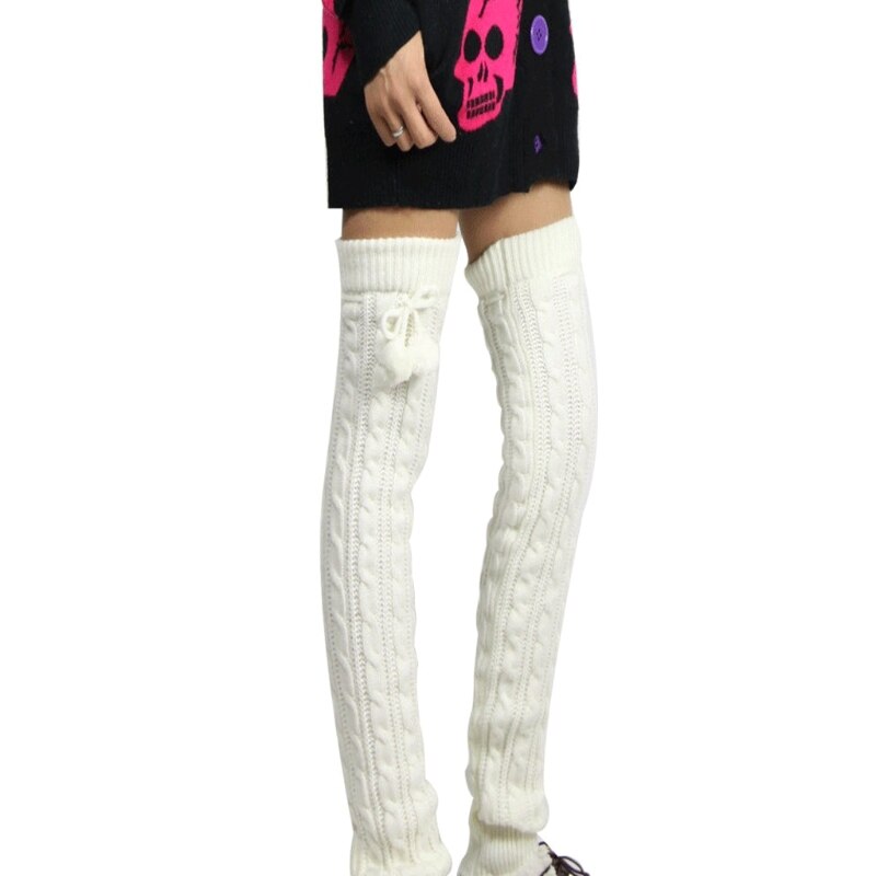 Gebreide Vrouwen Winter Beenwarmers Knie Hoge Dij Hoge Tie Kabel Gebreide Lange Boot Sokken Dames Laars Been Warmer: WHITE