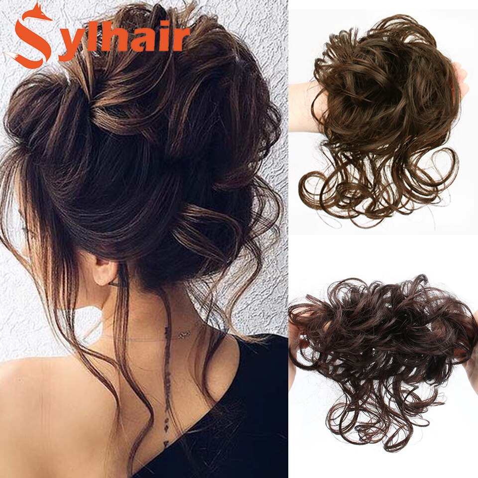 Sylhai-moño de pelo rizado sintético para mujer, moño marrón desordenado con cuerda elástica para el cabello, banda de goma, extensiones de cabello