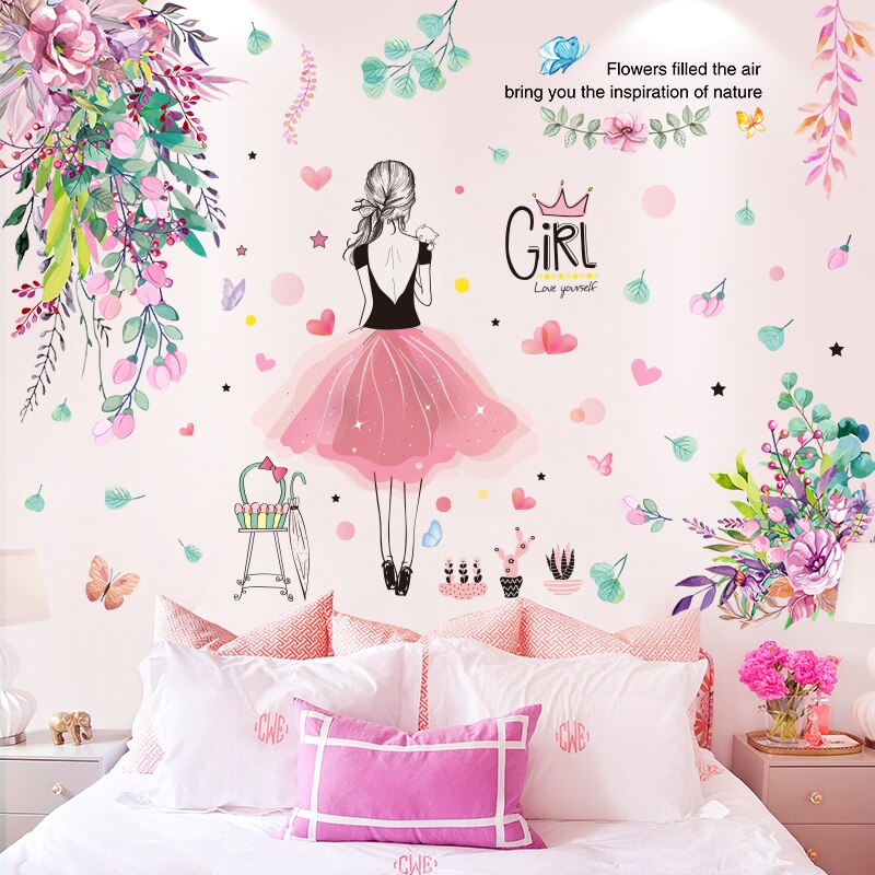 [Shijuehezi] Bloem Bladeren Muurstickers Diy Cartoon Meisje Muurstickers Voor Babykamer Kids Slaapkamer Nursery Woondecoratie: flower and girl