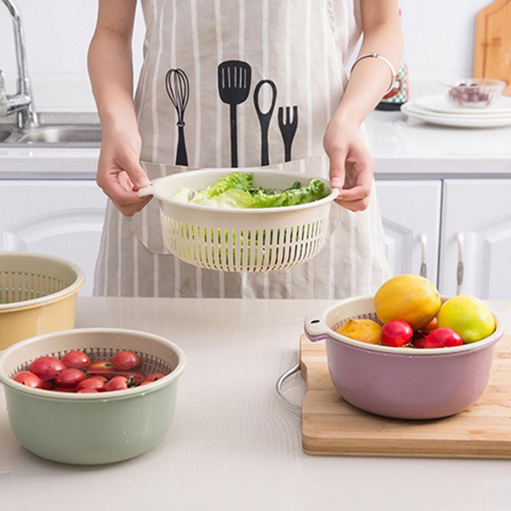 2Pcs/Set Excellent Colander Basket Multi-purpose Hanging Hole 3 Colors Multifunctional Fruit Vegetable Drain Colander Bowl