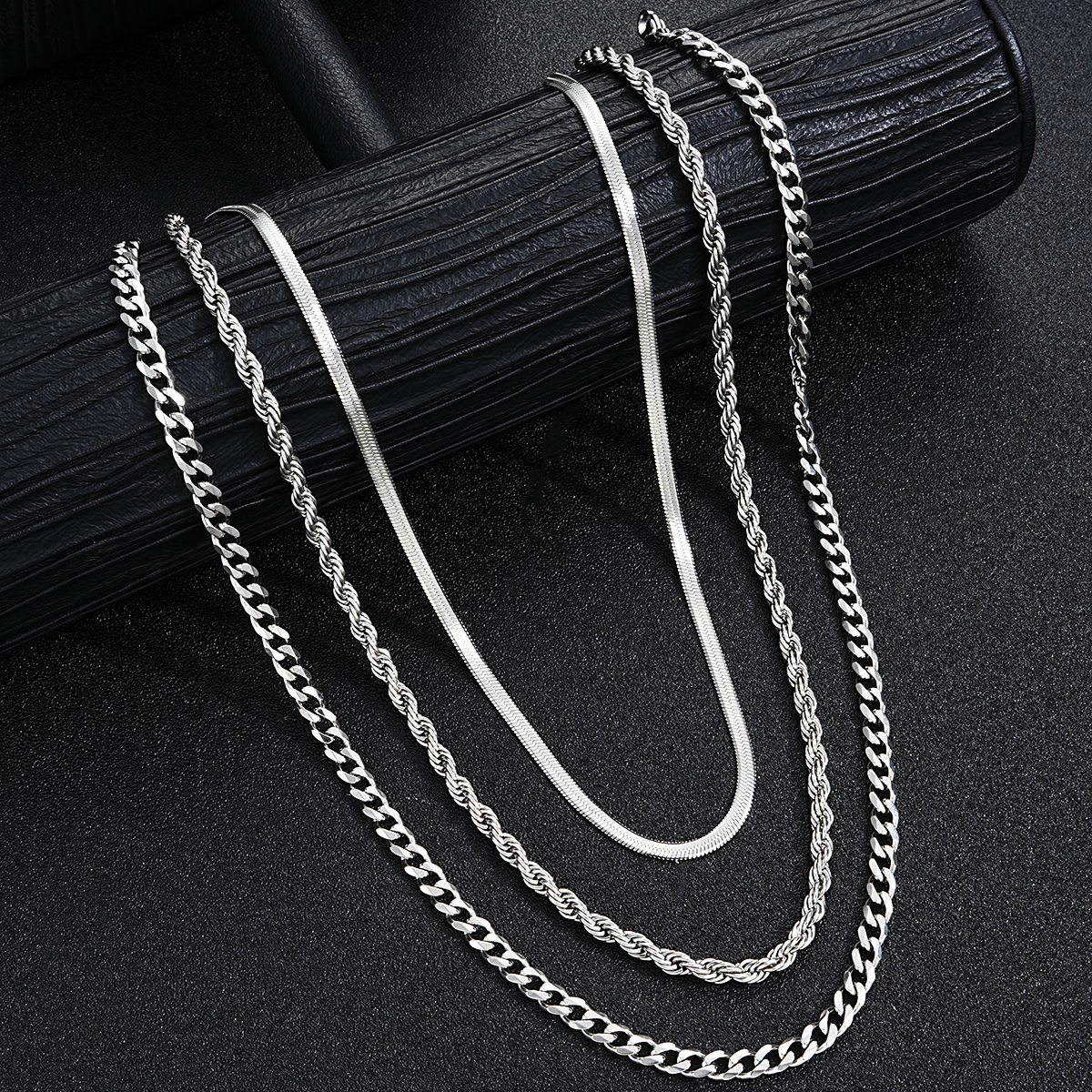 Simple Stainless Steel Silver Color Jewelry Sets for Men Unisex Punk Vintage Smooth Ring Necklace Bracelet Set