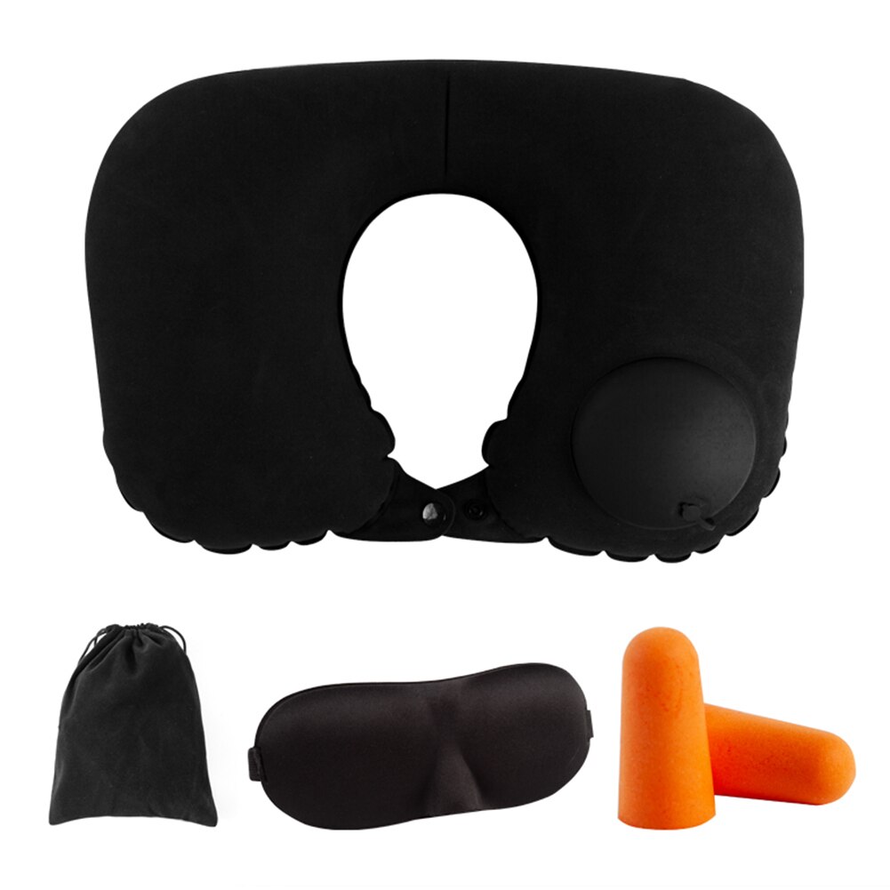 U-vormige Opblaasbare Nekkussen Nek Hoofd Ondersteuning Travel Kit Met Slaap Oogmasker Oordoppen Zak Voor Auto Auto Trein vliegtuig: Black 4Pcs