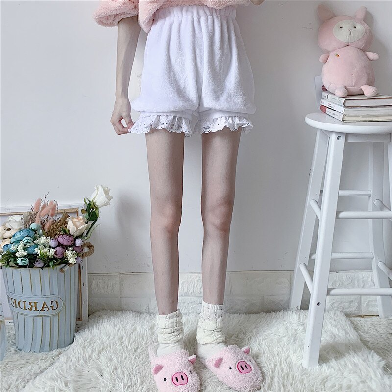 Women Sleep Bottom Spring Summer Kwaii Lace Elastic Waist Loose Homewear Japanese Girls Cute Flannel Pajama Shorts Sleepwear