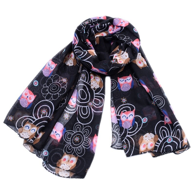 coton Voile mince écharpe femmes dessin animé hibou imprimer châle musulman Hijabs foulard enveloppe islamique femme étole 80x190cm: black