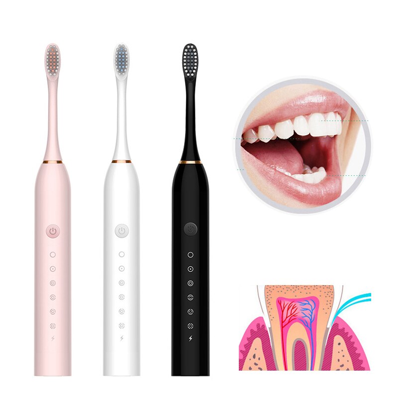 USB Rechargeable Six-speed Electric Toothbrush Intelligent Sonic Vibration 6 Modes Waterproof 4*Replacement Soft Brush Heads