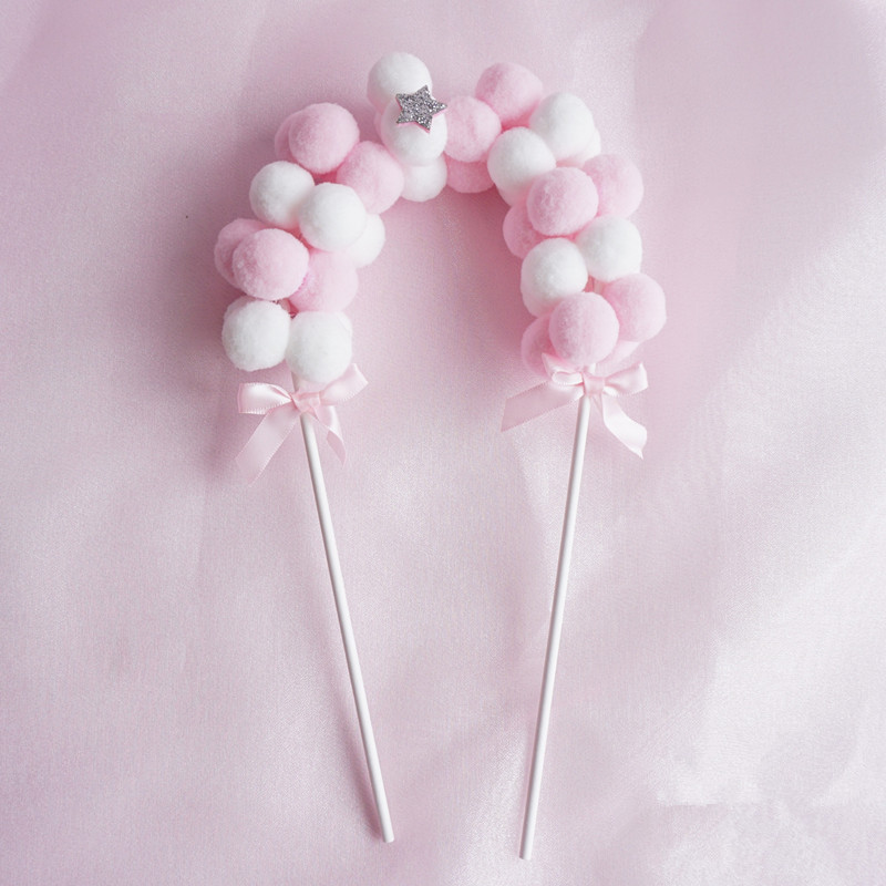 Banderas coloridas para decoración de tartas, bola peluda, adornos para magdalenas de boda y cumpleaños, decoración para tarta para de bienvenida al bebé, bricolaje