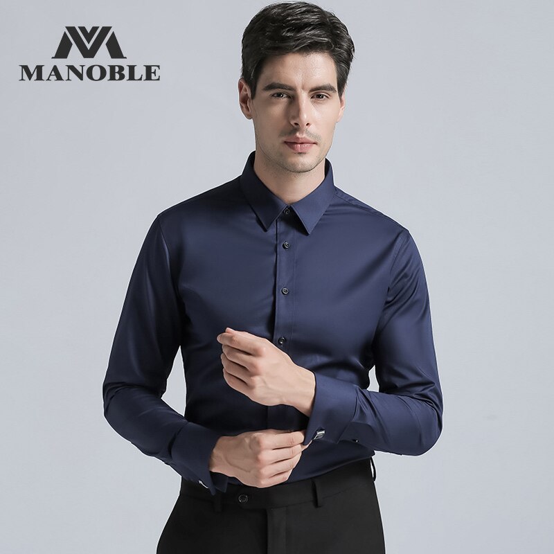 Camisa de vestir de para hombre, camisas de corte Regular a la , camisas de negocios de manga larga con gemelos, Color sólido, azul marino