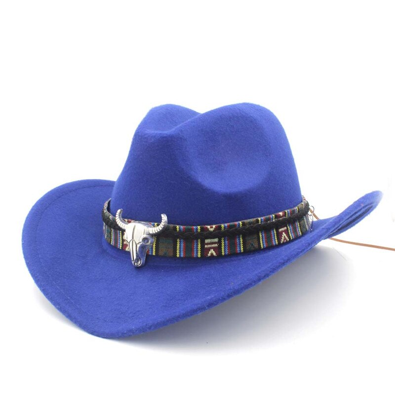 Vrouwen Wol Hollow Western Cowboy Hoed Roll-Up Wide Brim Lady Cowgirl Jazz Paardensport Sombrero Cap Met Kwastje Tauren lint: Blue