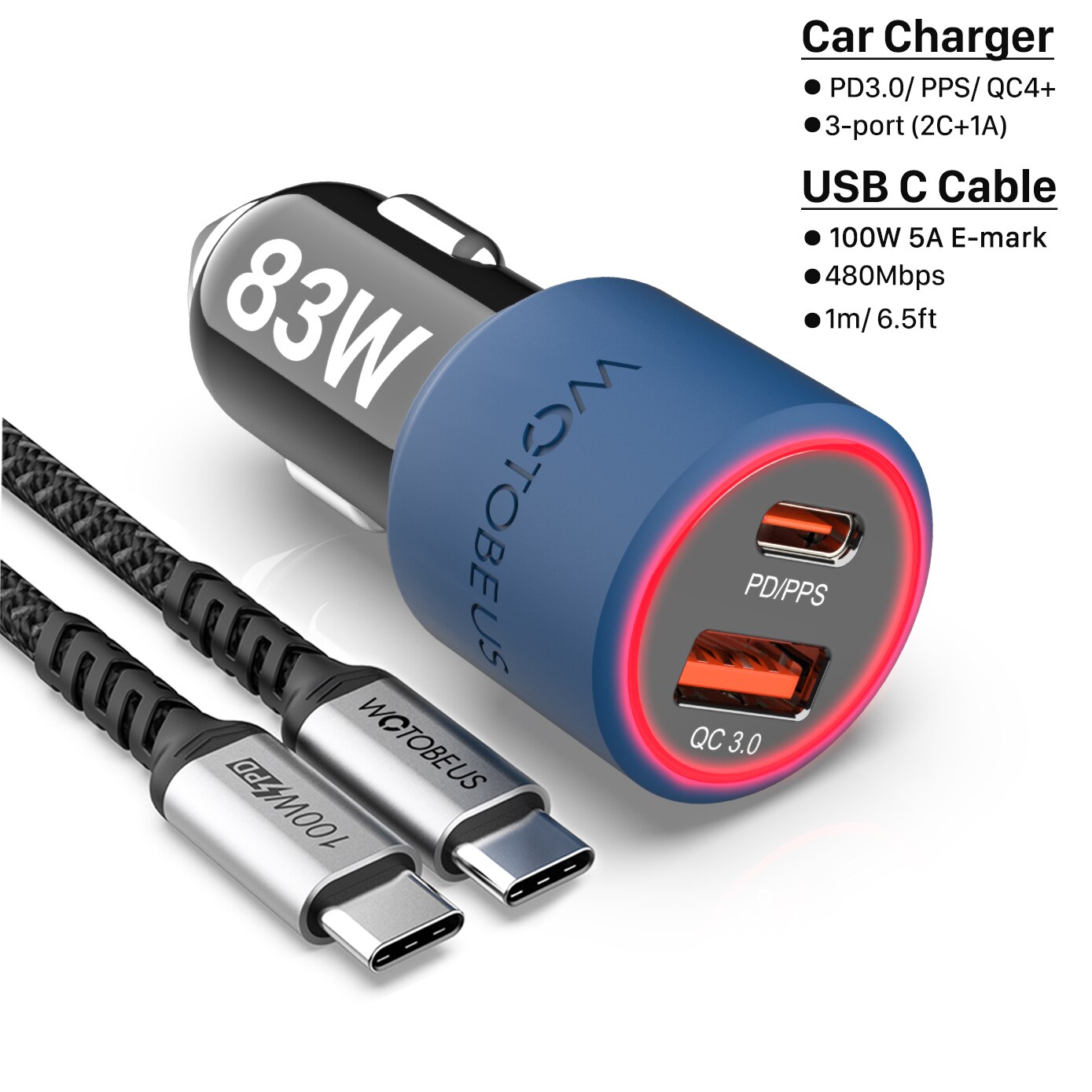 Wotobe 2 porto 83w carregador de carro super rápido, usb c pd/pps 65w/45w 20v 20w, qc3.0/afc/fcp18w para iphone 13 xiaomi dell xps hp laptops: 83W and 100W Cable