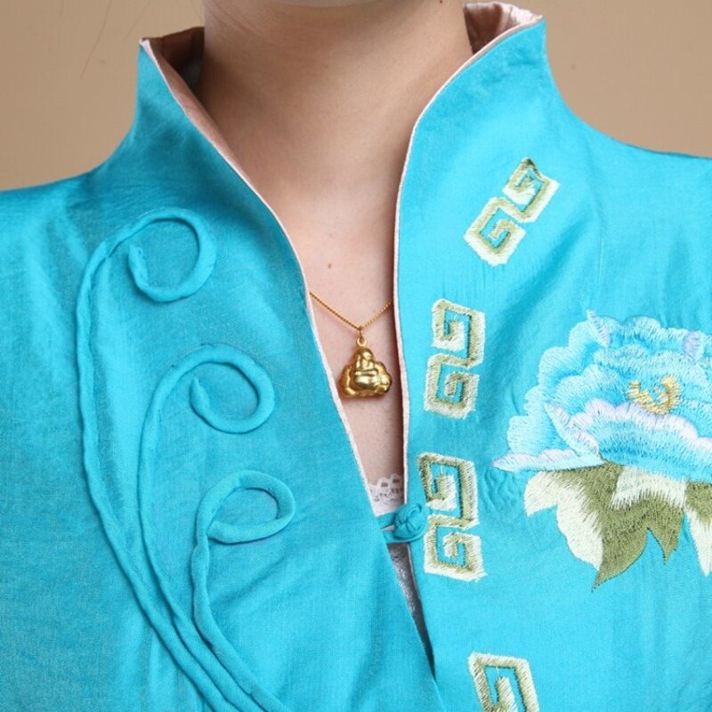 Hanfu tang pak dames top zomer ober thee kunstenaar werkkleding top zomer moeder korte mouw geborduurd opstaande kraag kleding