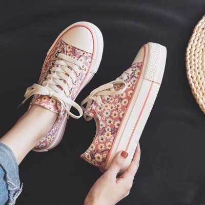 Sommer platform blomster lærred sko kvinder afslappet all-match koreansk stil trendy sko blomster pink sneakers 5.0cm hæl: Lyserød / 40