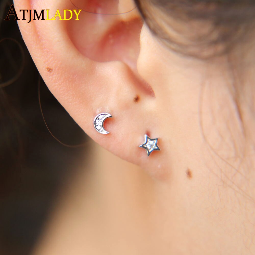 Stars moon cz earrings 100% 925 Sterling Shape Earring Stud For Women jewelry Delicate Dainty Minimalist Simple Cute