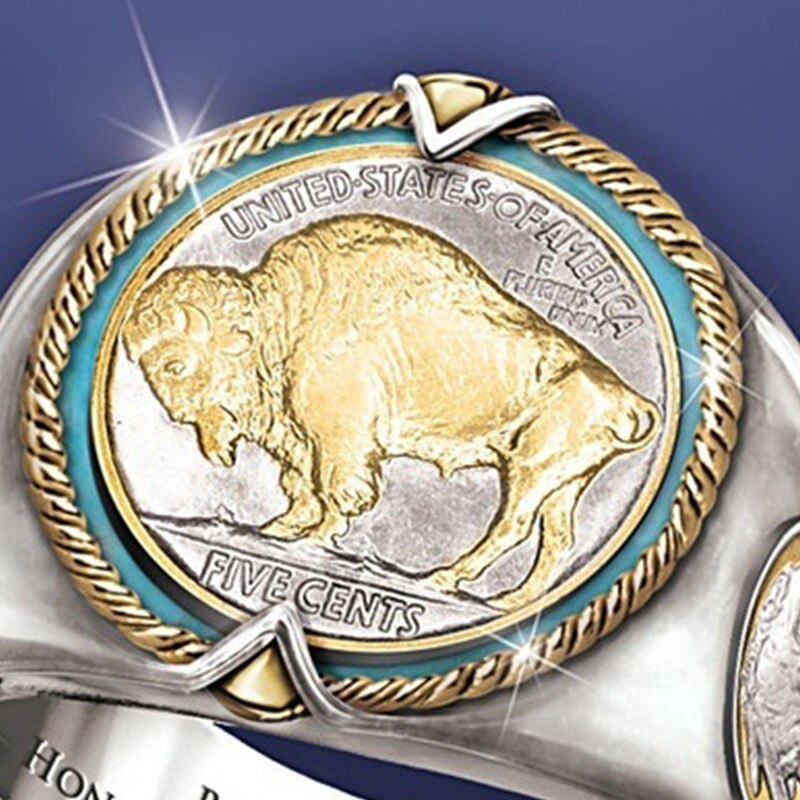 Exquisite commemorative Buffalo Buffalo nickel coin ring Indian chiefs head two-color ring men&#39;s accessories ban