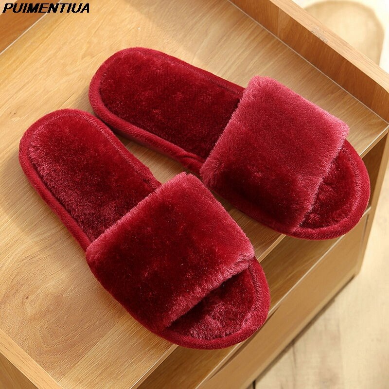 Chanclas con pelo para mujer, Zapatillas de casa cálidas sin cordones, de piel sintética, para invierno: red / 38-39