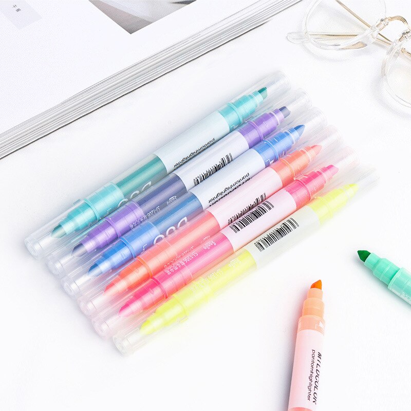 8 pcs/set Korean Dual Head Mildcolor Highlighters Art Markers Fluorescent Color Pen Fine Liner School Office Stationery