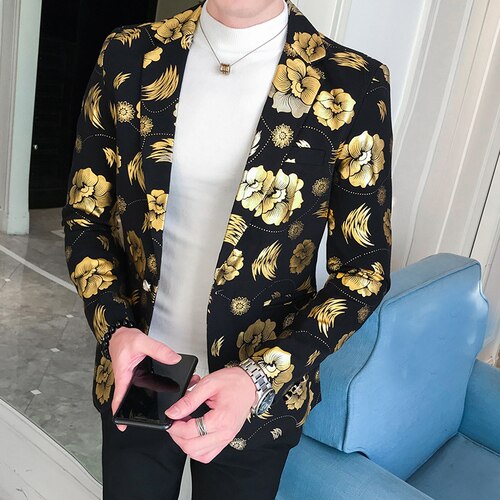 Smokings Heren Blazer Jacket Slim Fit Bloemen Pak Trend Afdrukken Bloemen Mode Mannelijke Party Stage Formele Jasje Zilver Goud: jin se / Asia XXL 68 to 73kg