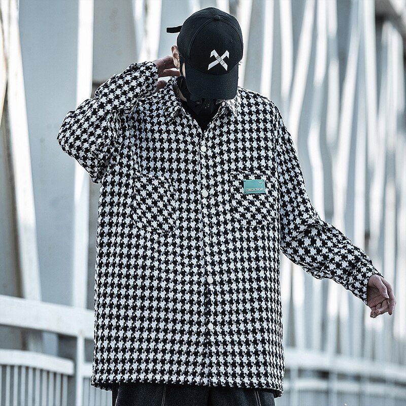 Houndstooth Frayed Tweed Jacket Coat Men Black Plaid Shirts Vintage Loose Long Sleeve Pockets Male Outerwear Chic Casual Tops