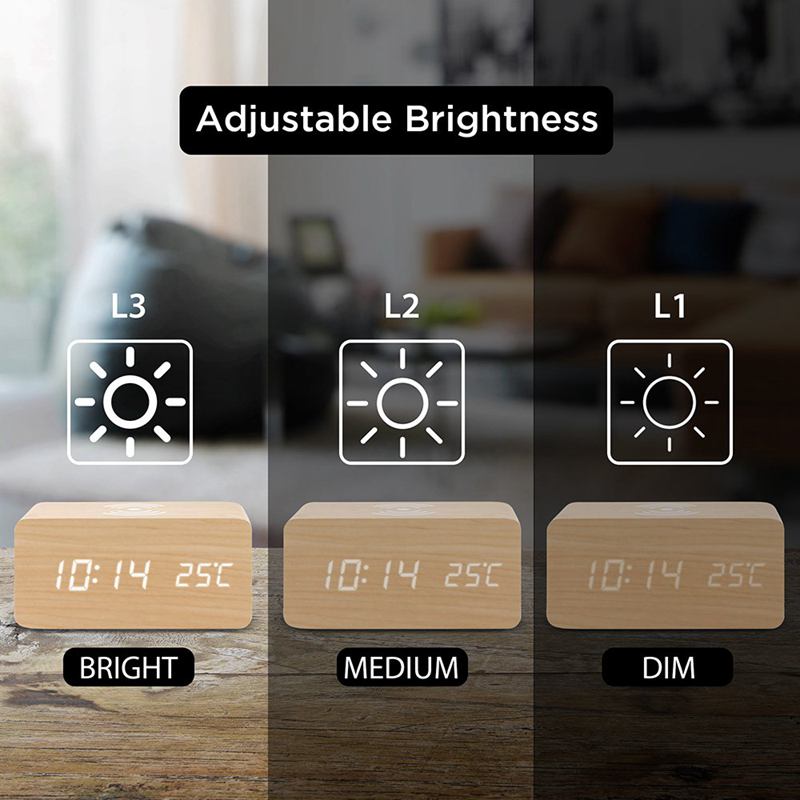 Houten wekker met draadloos qi-oplaadstation, compatibel met iphone samsung, houten led-digitale klok, geluidsregelingsfunctie