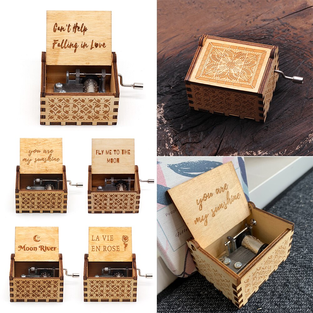 Graveren Handgemaakte Houten Muziekdoos Hand Crank Music Box Antieke Gesneden Vintage Aanwezig Kerst Cadeau Voor Liefhebbers