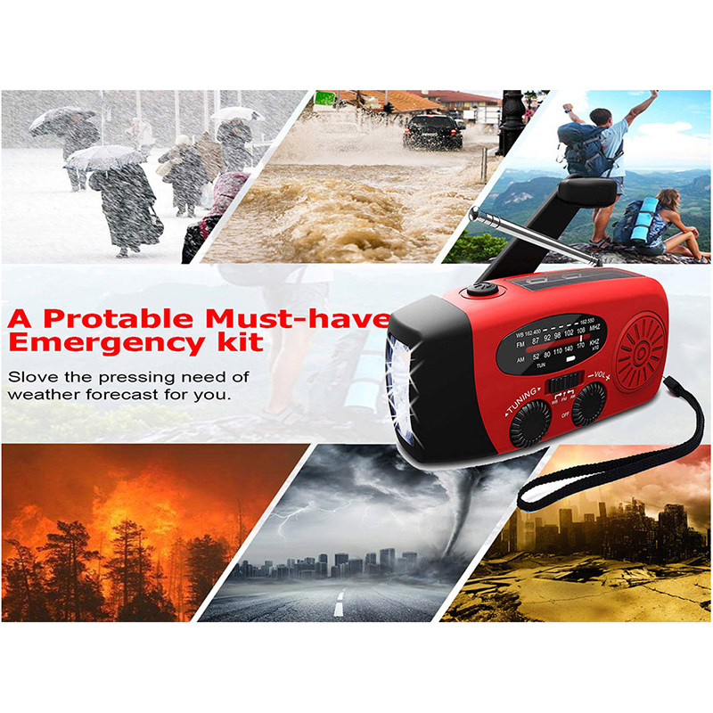 Radio solar portátil Radio FM de emergencia con Banco de energía de 1000mAh manivela autoalimentada AM/FM/NOAA radios con 3 linterna LED