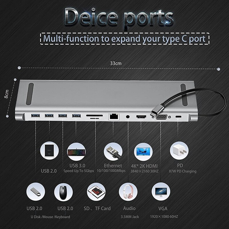 USB C Hub, USB-C Laptop Docking Bahnhof, typ C Hafen PD SD TF Kartenleser Gigabit Ethernet Typ C Adapter für