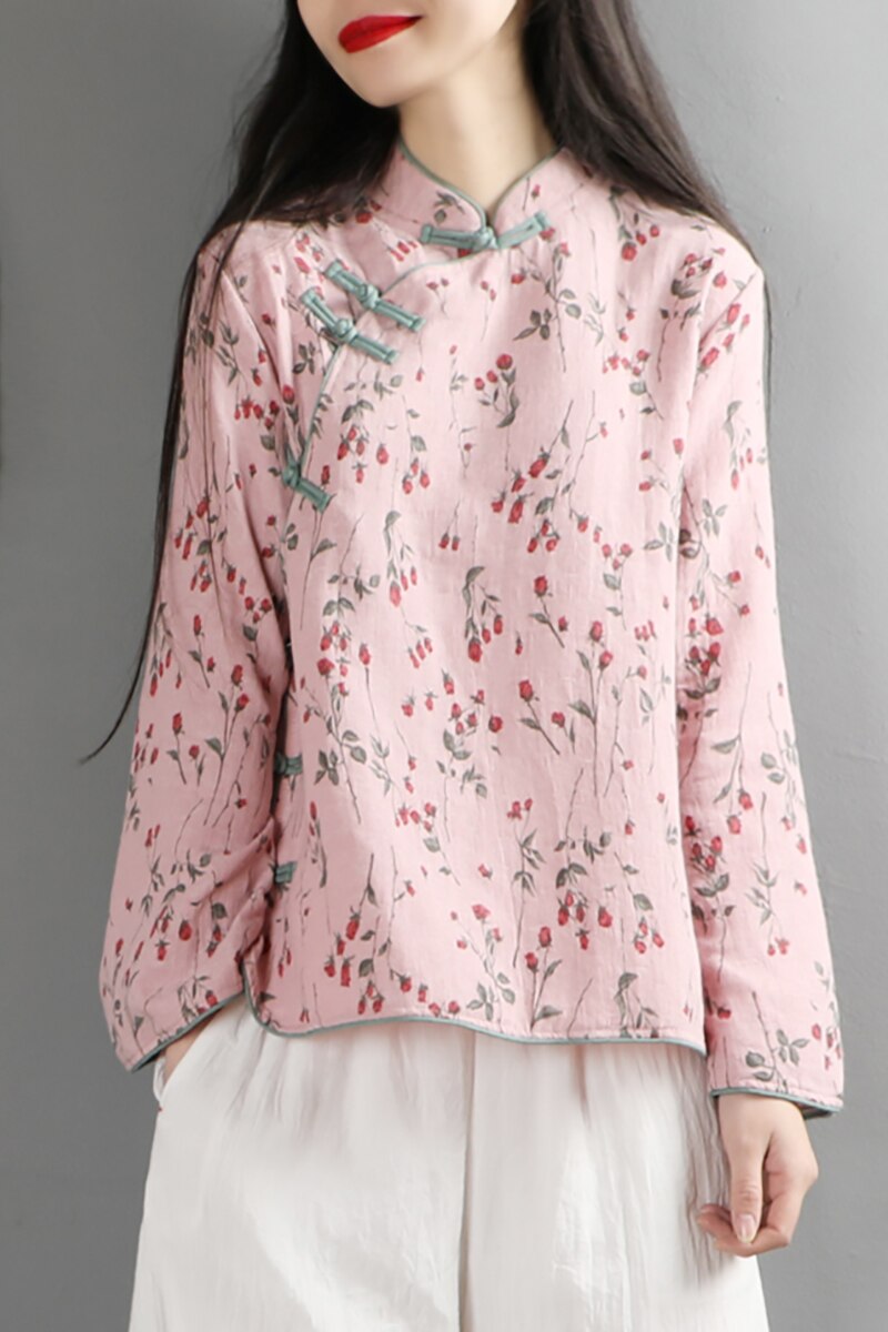 Blusa China clásica de lino y algodón para mujer, camisa de manga larga con botones hechos a mano, tops estampados con flores, ropa tang,