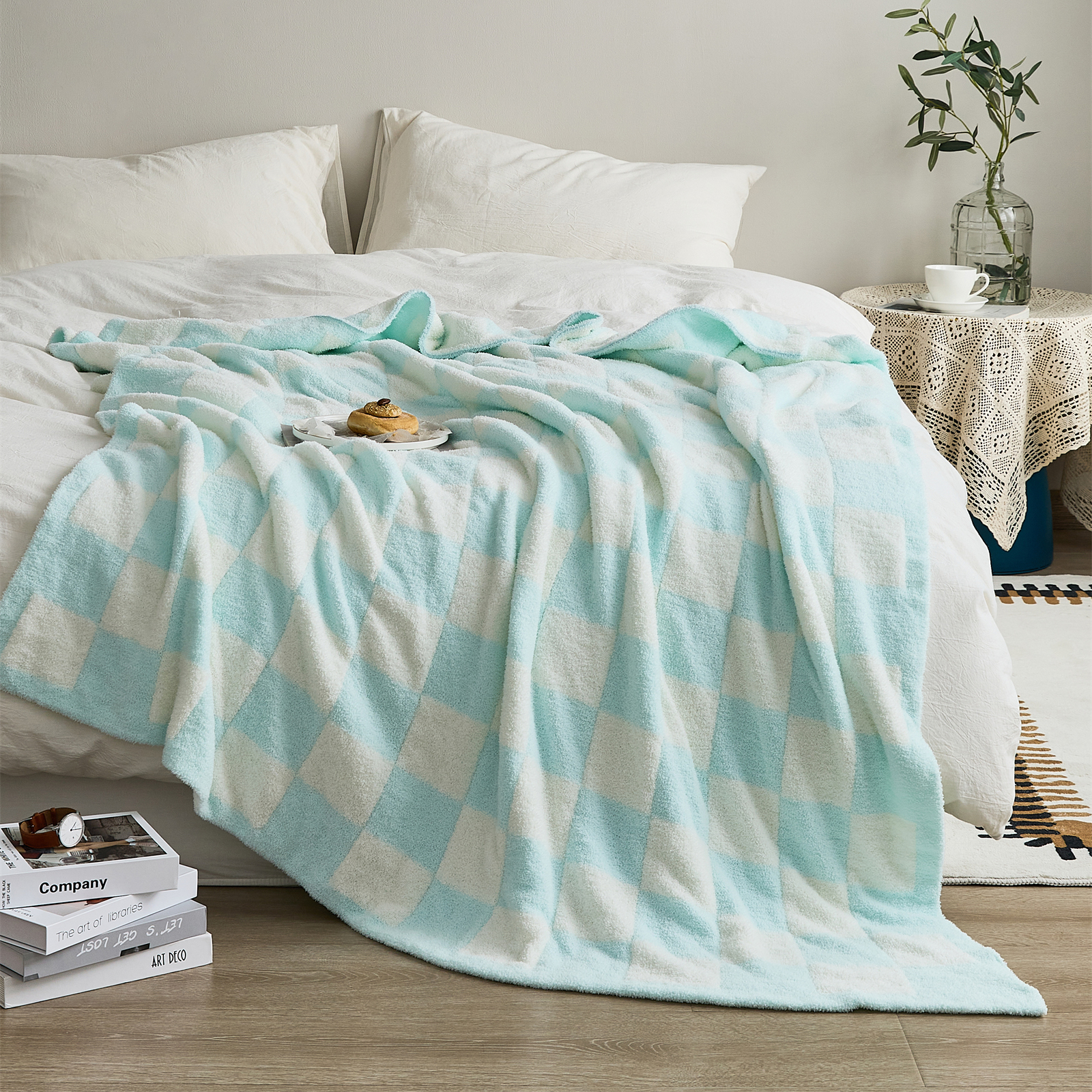 Yiruio skakbræt-tæppe superblødt og hyggeligt, udsøgt mikrofiber duntæppe, sengetæppe: 100 x 140cm / Sort