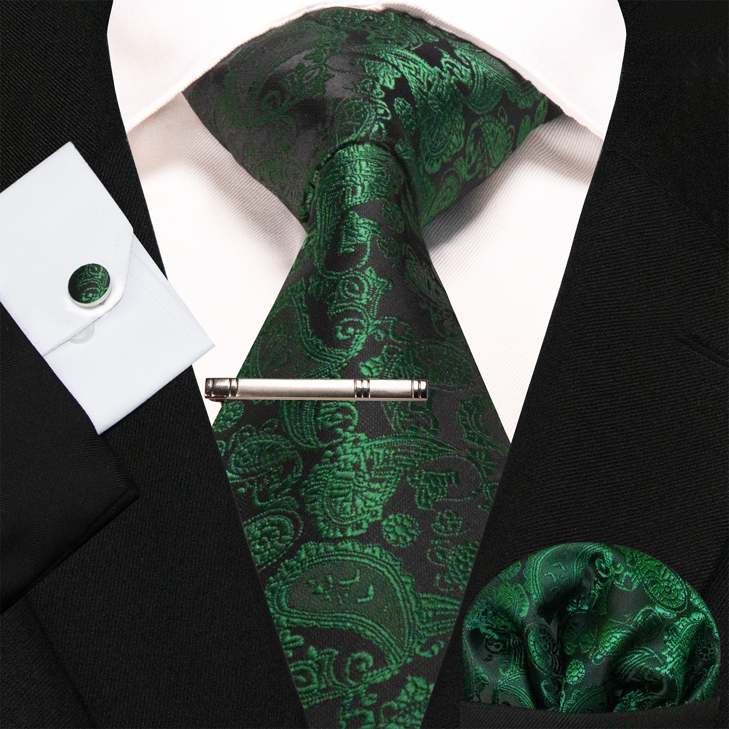Corbatas de Cachemira azul y verde para hombre, corbata de seda de lujo de 8cm de ancho, gemelos cuadrados de bolsillo, conjunto de clips de corbata, de Navidad para hombre: Verde