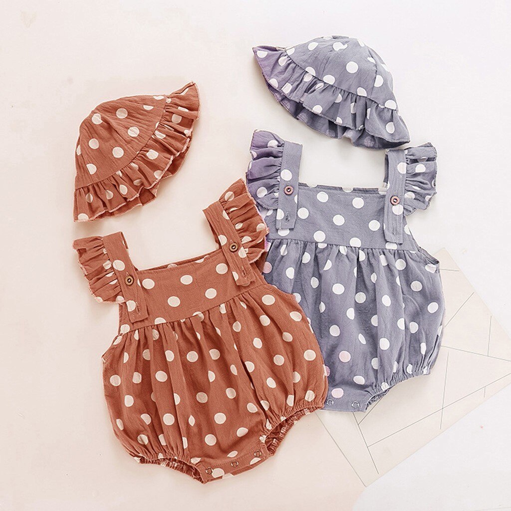 Jednoczęściowy kombinezon dla dziewczynki chłopcy; falbany drukuj strój ciało; Kapelusz; Zestaw ubrań dla dzieci 3-24 miesiące, upuszczać Wysyłka 