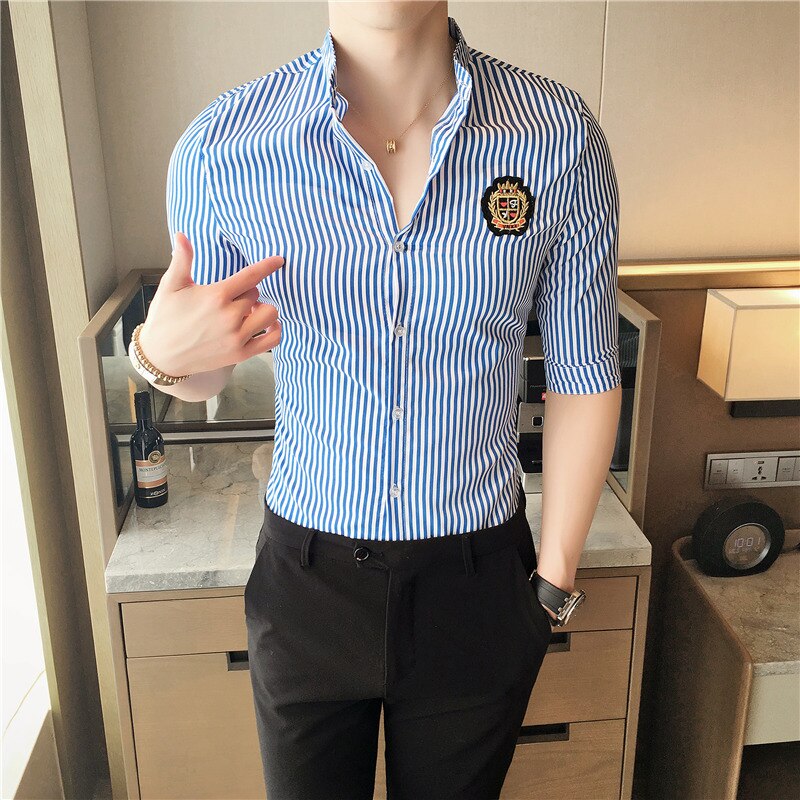 Stribe skjorte herre halværmet slim fit sommerskjorter herre skjorter camisetas masculina camicia uomo retro skjorte: Blå / Koreansk  xl 60-65kg
