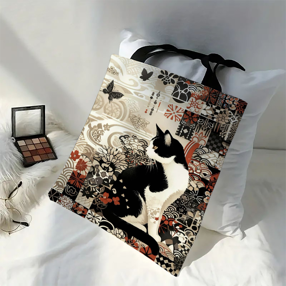 Sac fourre-tout classique chat noir et blanc avec imprimé chat, sac de plage de Shopping à bandoulière réutilisable pour femmes, sac de transport décontracté Durable