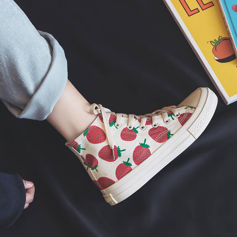 Vangull Lente Womens Aardbei Canvas Schoenen Hoge Top Wilde Studenten Schoenen Lage Top Zusters Snoep Schoenen Platform Sneakers