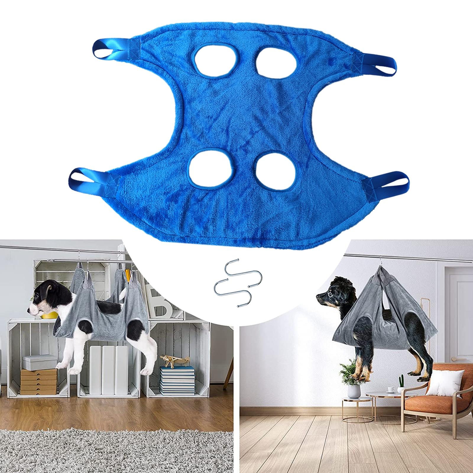 Portable Dog Grooming Hammock Restraint Bag Pet Dry Towel with 2 Hooks for Cleaning: Blue S