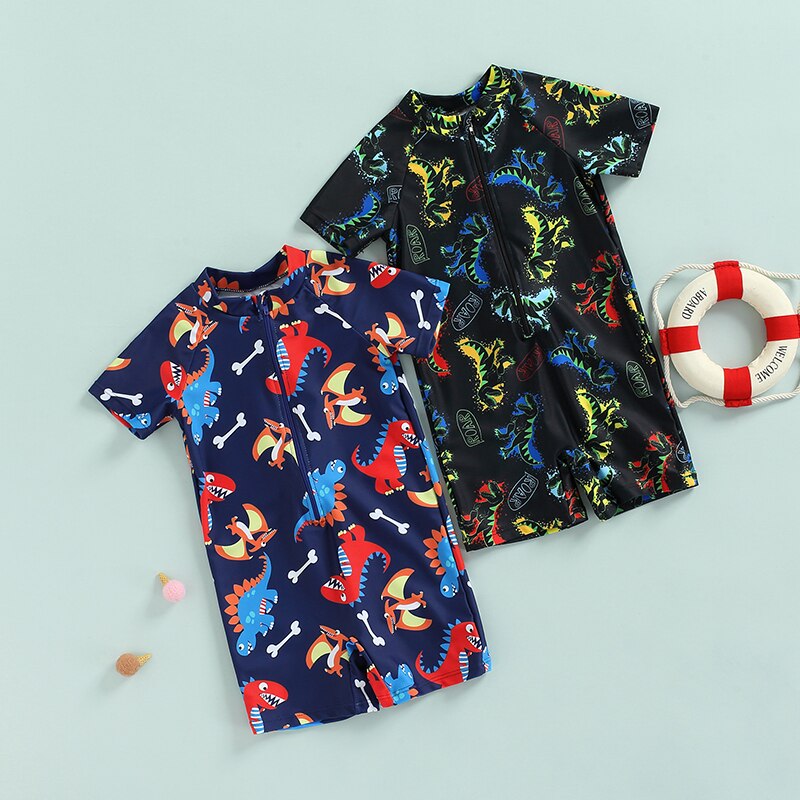 2022 6M-5T Jongens Zwemmen Jumpsuit Korte Mouw Stand Kraag Rits Cartoon Dinosaurus Print Shorts Zomer strand Badmode