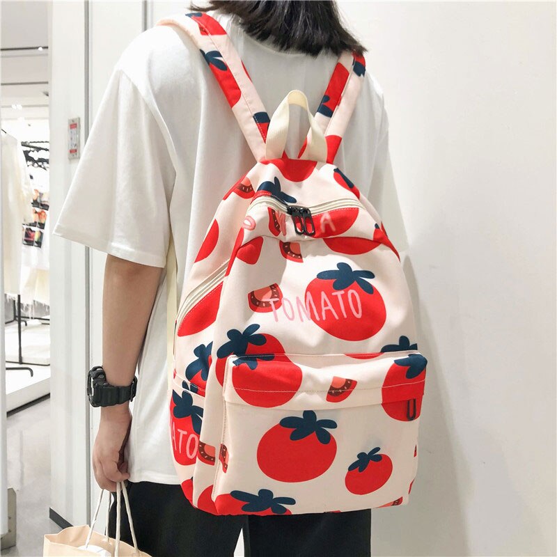 Girls Fruit Printing Backpacks Teenager Preppy Style Canvas Schoolbags Large Cute Tomato Avocado Durian Print Travel Bags