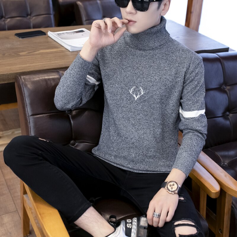 Sweaters Korean version high collar bottomed men's sweater trend slim knitwear Youth Students: Dark Grey / M