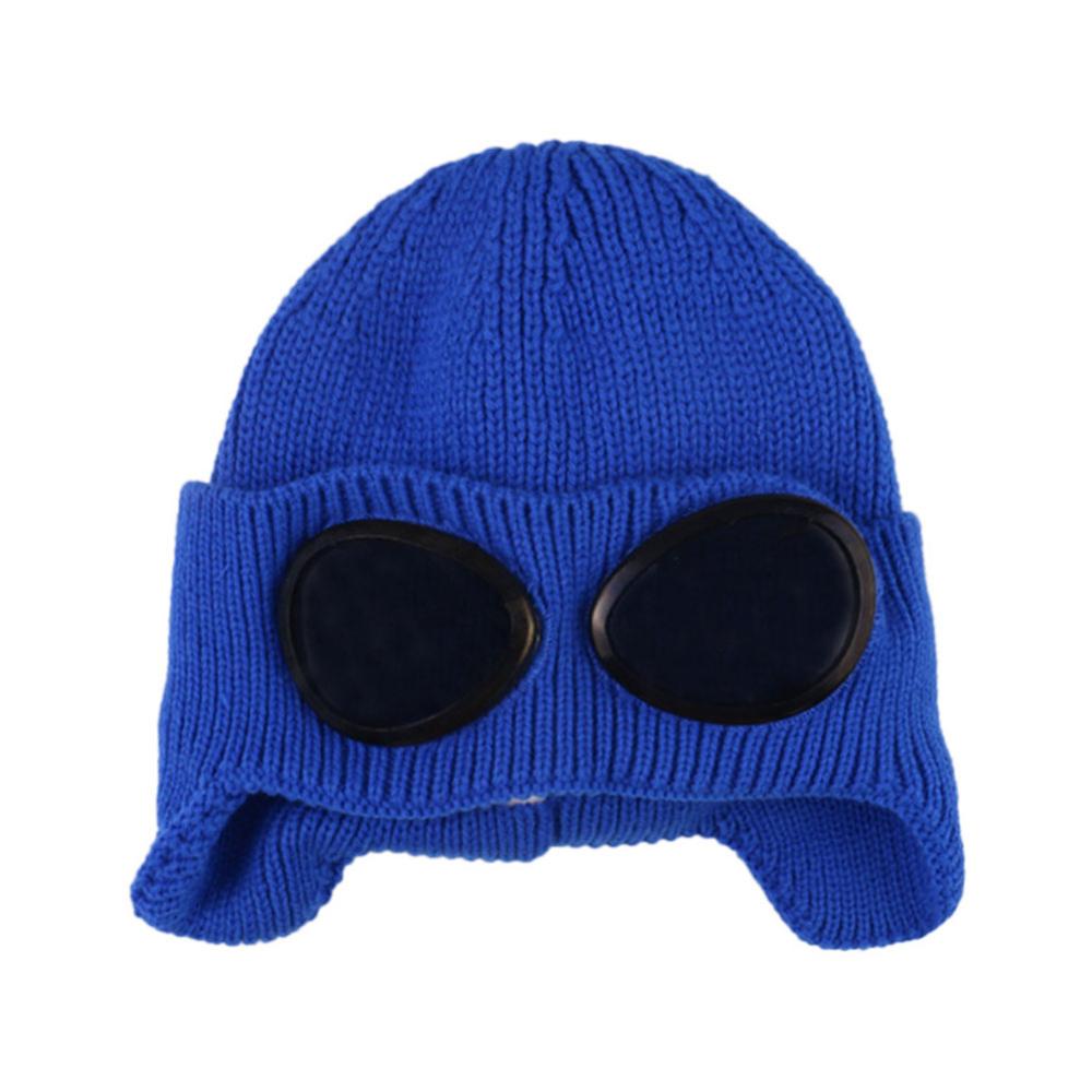 1PC Bunte Winter warm Mütze mit Brille draussen-Sport Gestrickte Kappe Einfarbig Zubehör: Blau