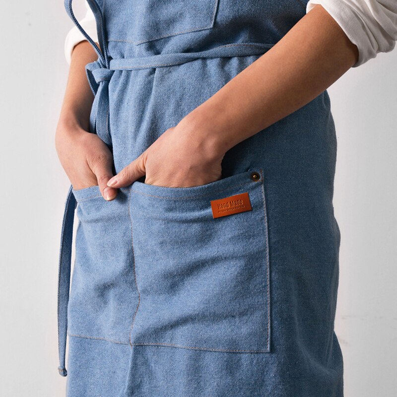 Newly Denim Hanging-neck Apron Sleeveless Apron Dust-proof Overall for Chef Kitchen with Pockets Unisex