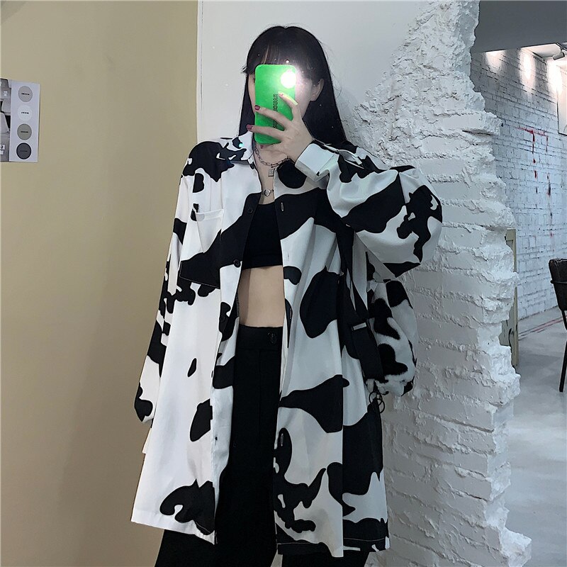 QWEEK Harajuku Shirt Women Korean Style Cow Print Blouses Oversized Streetwear Button Up Shirt Long Sleeve Casual
