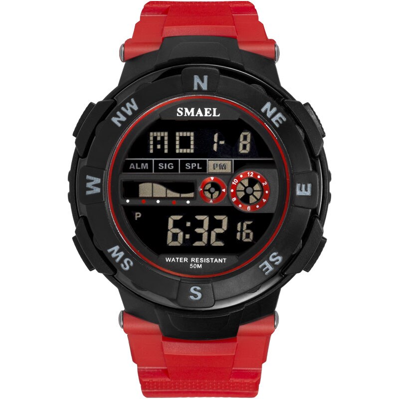 Digitale herenhorloges, kleine sporthorloges, led herenhorloges, waterdichte herenhorloges, 1361b zwarte polshorloges, casual elektronica horloge: Rood
