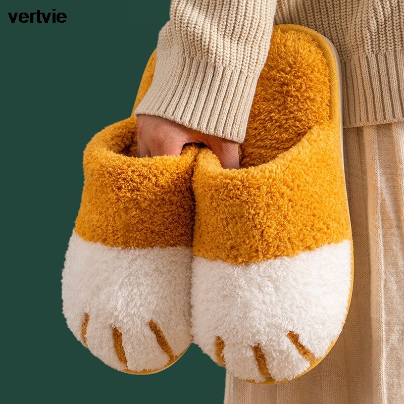 Vertvie Winter Slippers Vrouwen Mannen Paar Schoenen Leuke Kat Poot Thuis Indoor Harige Slippers Unisex Warm Pluche Slippers Zachte Schoenen