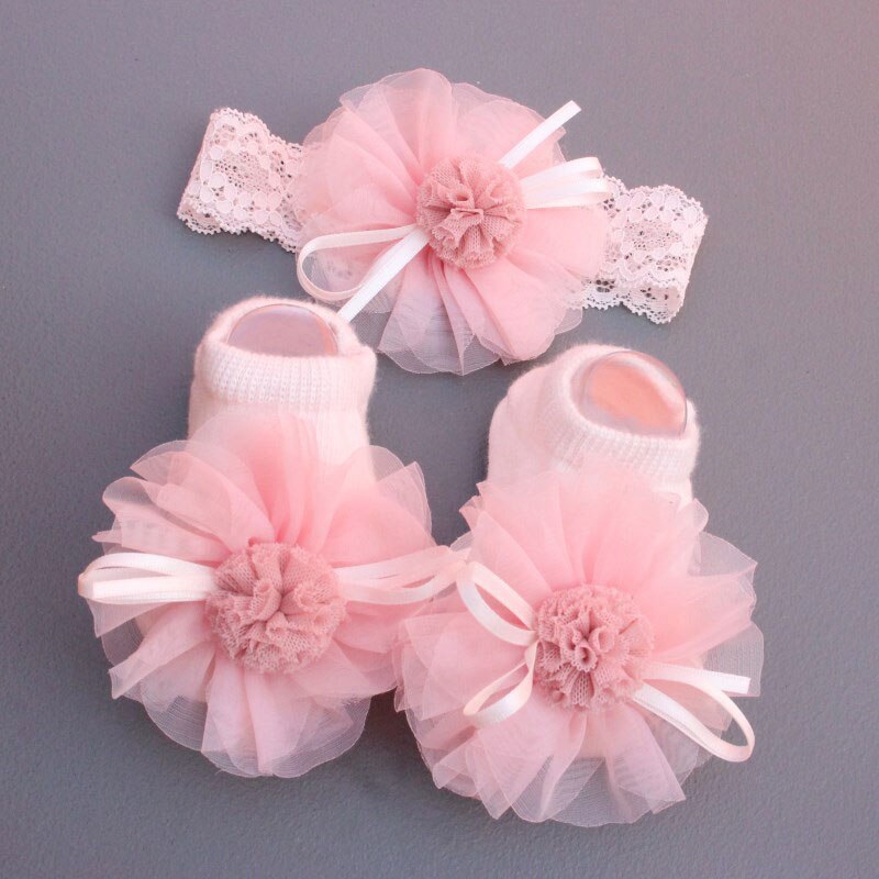 2 Stks/set Babysokjes Hoofdband Set Kant Bows Pasgeboren Meisje Korte Sokken Bloem Kroon Baby Peuter Sokken Haarband Tulband