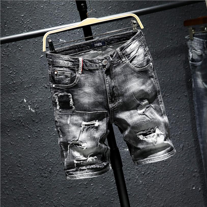 Mannen Grijs Denim Shorts Zomer Gaten Zwarte Korte Jeans Mannen Katoen Stretch Jean Shorts Knielengte Jeans maat 36