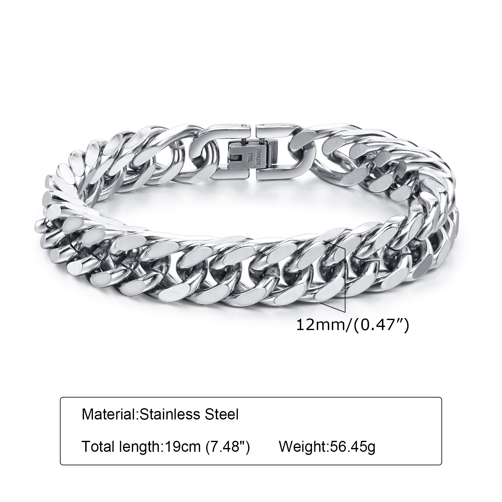 Vnox 12/15MM de largeur en acier inoxydable chaîne cubaine Bracelets pour hommes, couleur argent Hip Hop mâle garçon bracelet bijoux