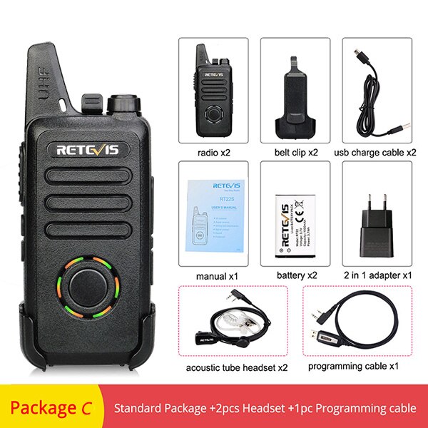 RETEVIS RT22S Walkie Talkie 2pcs Retevis RT22S 2W Portable Two-way Radio Station VOX USB Charging Hidden Display Hiking Travel: Package C