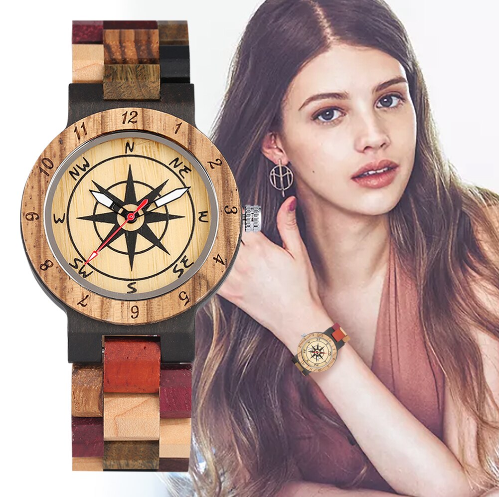 Nizza Colorato Orologi in Legno per Le Donne Quadrante della Bussola con luminoso puntatori Vigilanza di Legno di Disegno di Corrispondenza di colore Della Cinghia di orologio donna