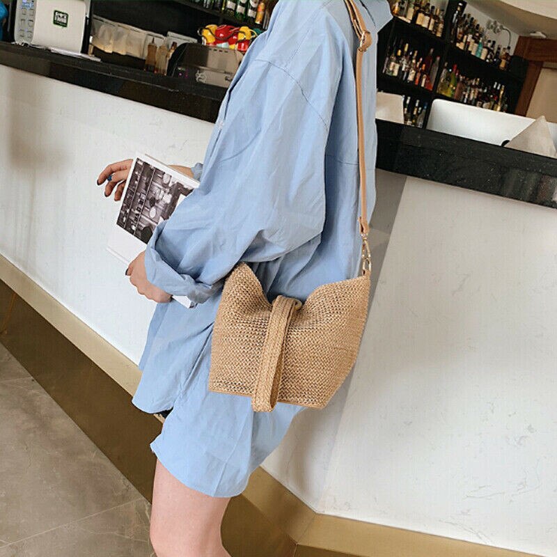 Noenname women strand stroh gewebt taschen sommer rattan korb umhängetasche runde handtasche wicker weave handbag crossbody bags