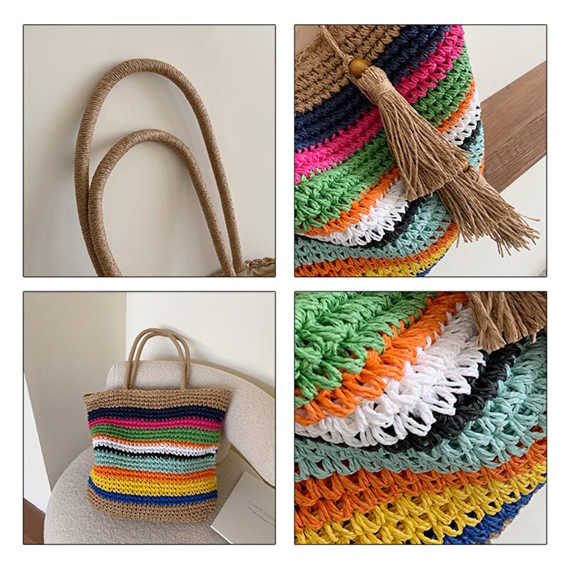 Solid Color Beach Straw Bag High Handmade Casual Shoulder Bags for Women Simple All-match Travel Bags Sac A Main